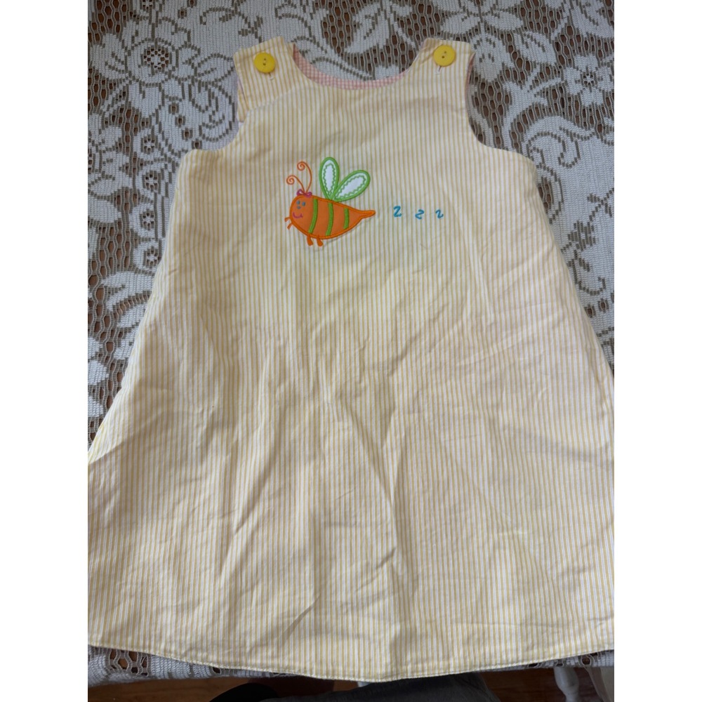 Mulberry St Reversible Jumper Dress 3T Yellow Seersucker Bee Pink Gingham Car